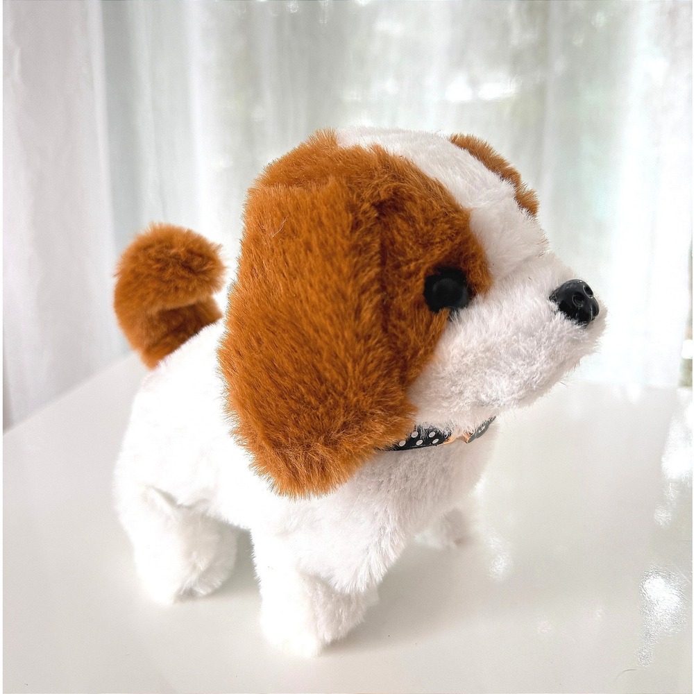 Interactive Walking Barking Brown White Plush Puppy Dog Toy with Collar